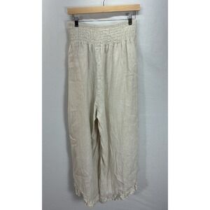 Match Point Beige 100% Linen Smocked Waist Ruffled Hem Capris Pants Size XL boho
